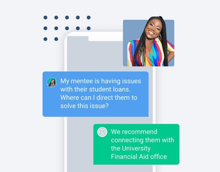 A simulated text exchange. A mentor texts asking about a mentee's student loans, MC responds to refer FinAid.